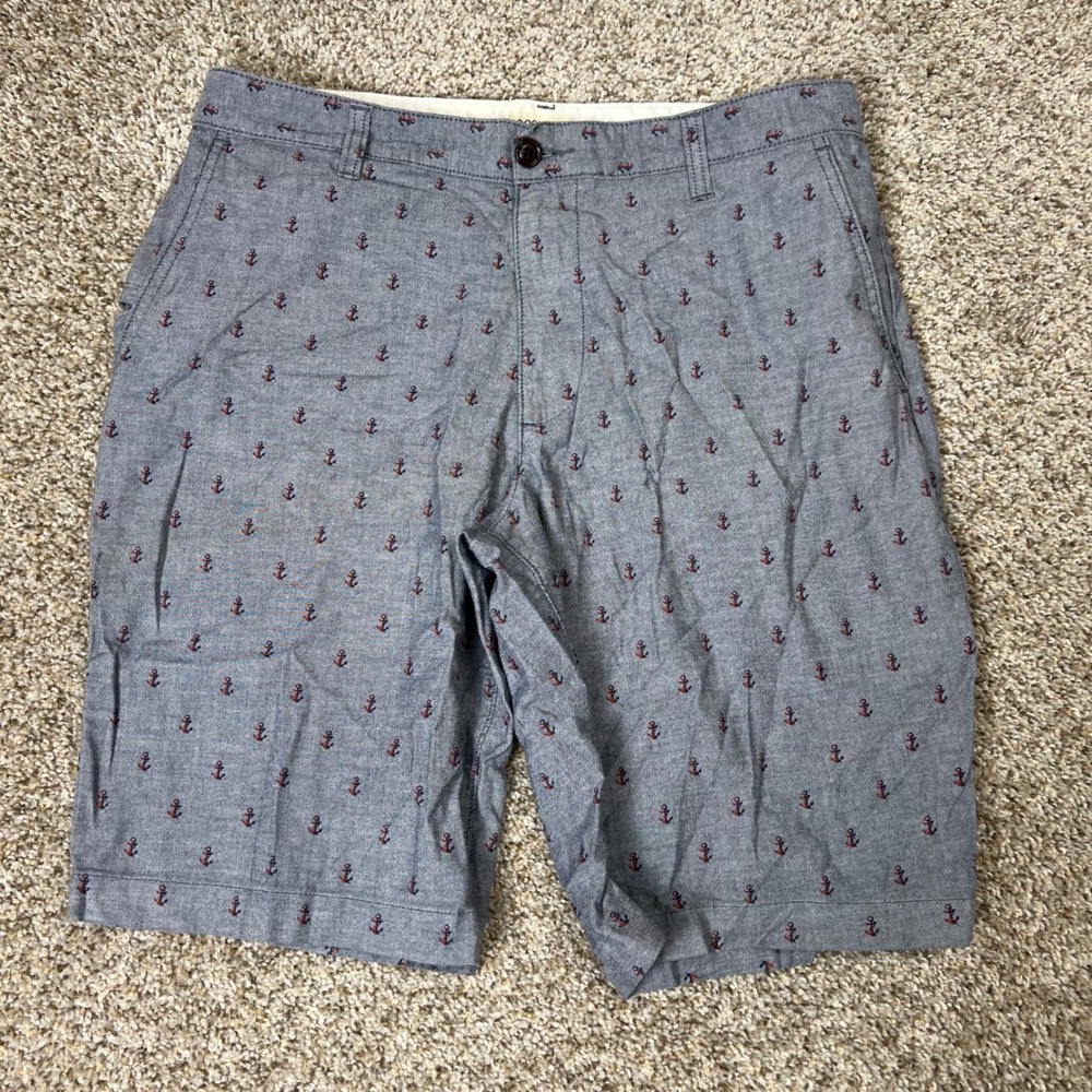 Dockers Mens Grey Anchor Print Shorts Size 32 Nautical Chambray Flat Front